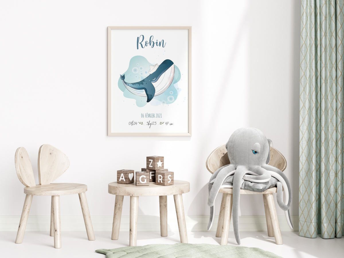 affiche naissance garçon thème baleine Précieuse Papeterie 