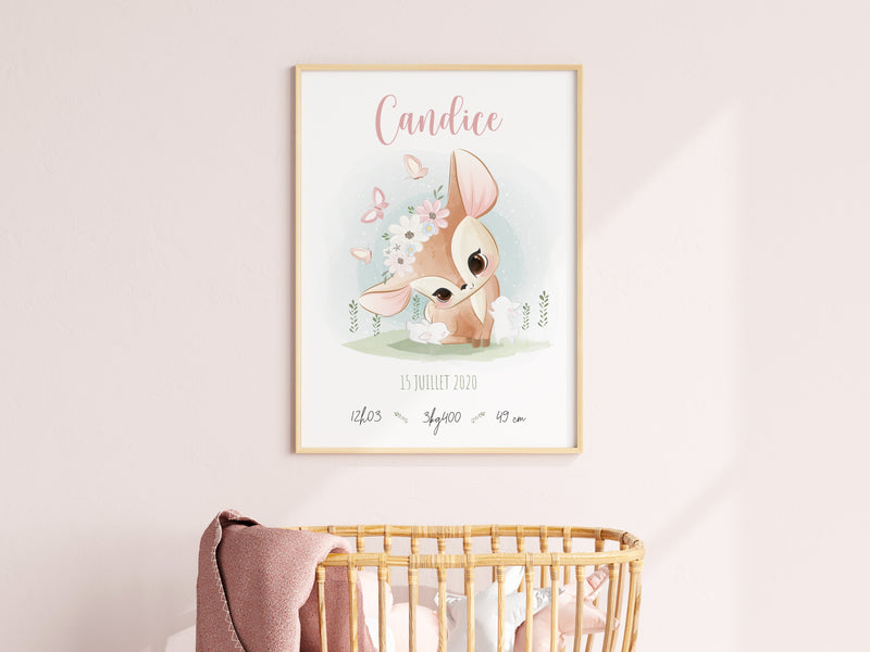 affiche naissance petite fille thème faon et lapins Précieuse Papeterie