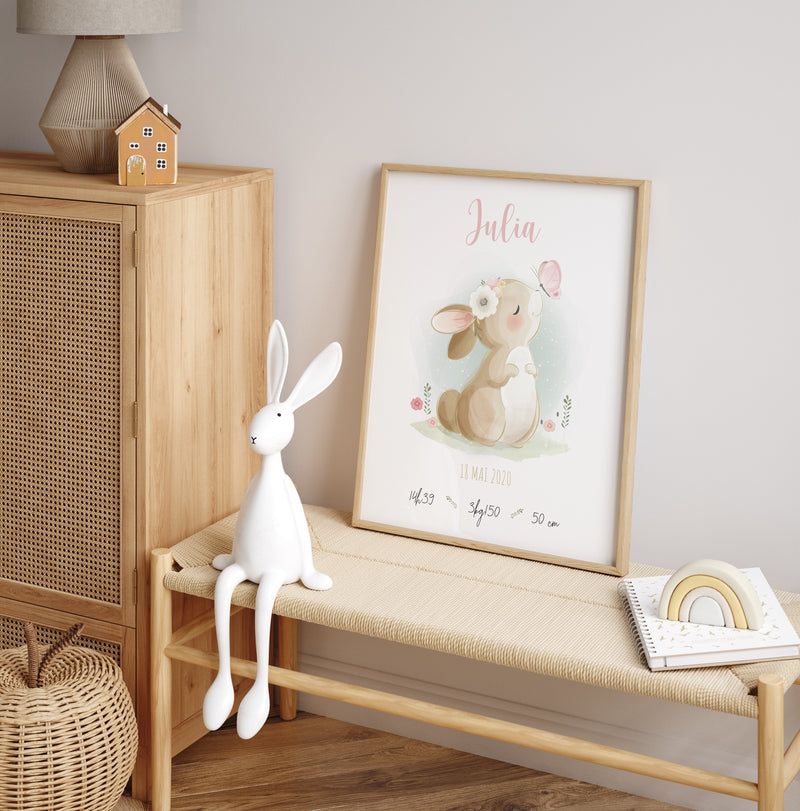 affiche naissance pour décoration chambre petite fille thème lapin Précieuse Papeterie 