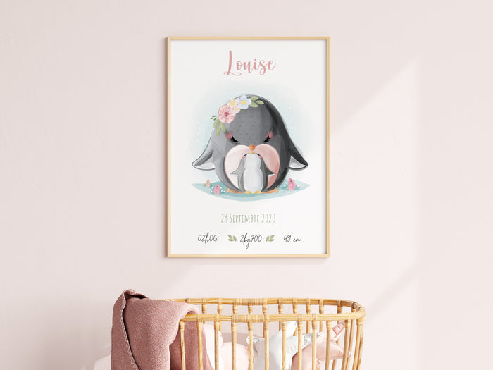 affiche naissance fille thème pingouins Précieuse Papeterie