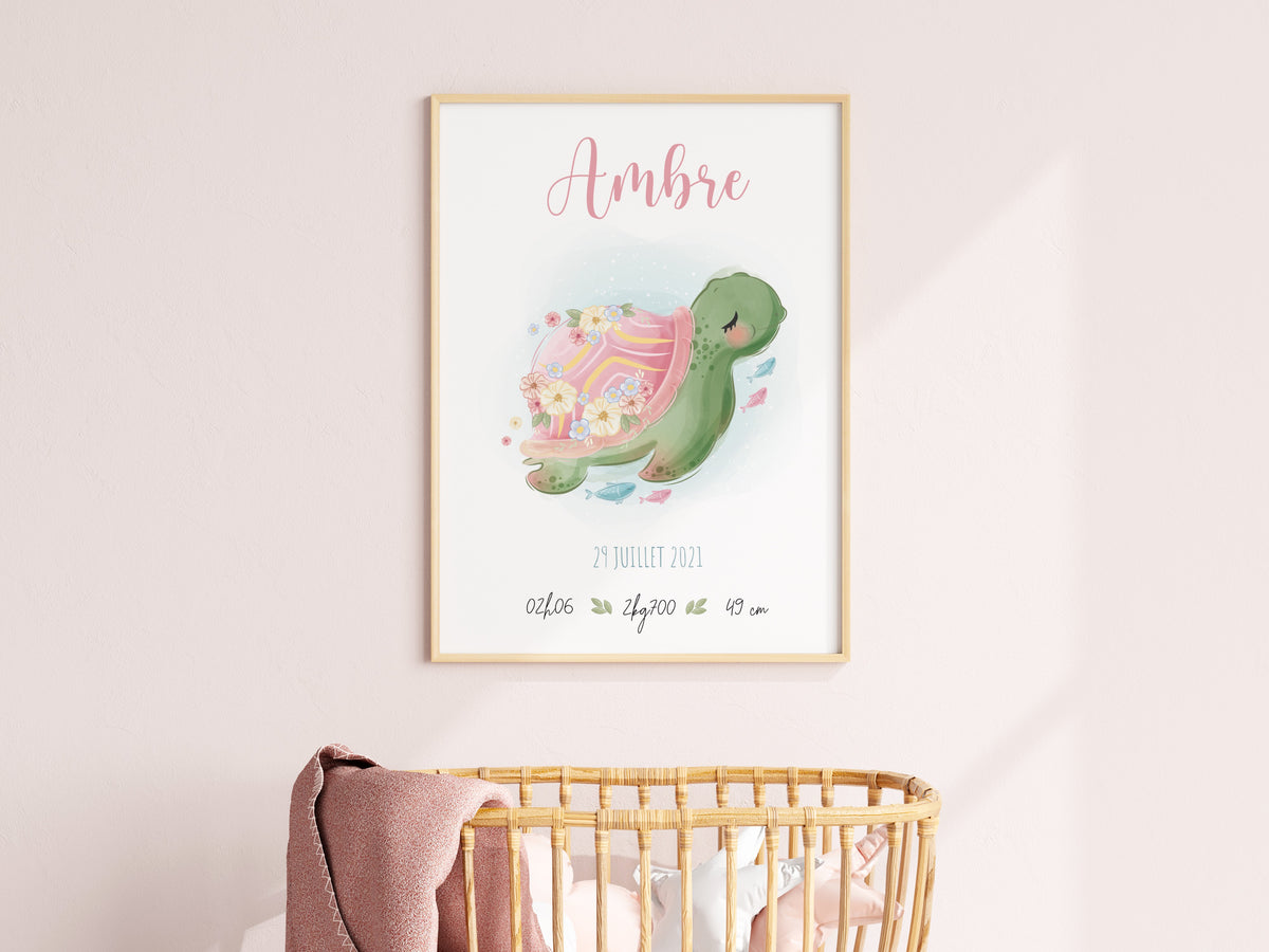 affiche naissance fille thème tortue Précieuse Papeterie 