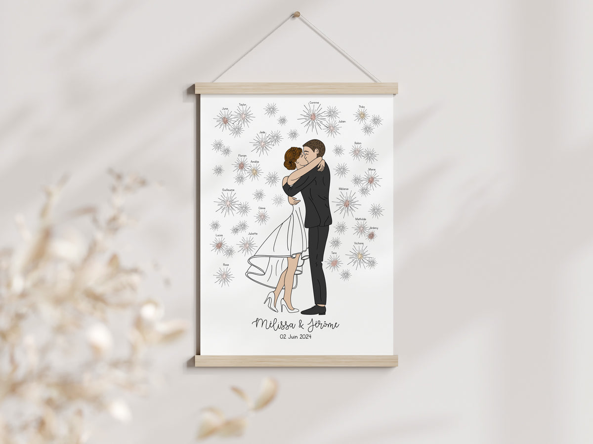 arbre à empreintes mariage avec illustration mariée robe bascule et feux d'artifices Précieuse Papeterie