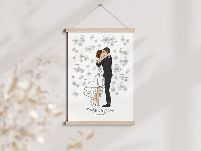 arbre à empreintes mariage avec illustration mariée robe bascule et feux d'artifices Précieuse Papeterie