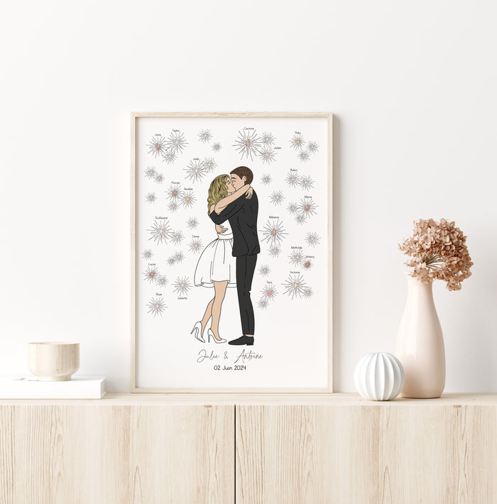 arbre à empreintes mariage avec illustration mariée robe courte et feux d'artifices Précieuse Papeterie