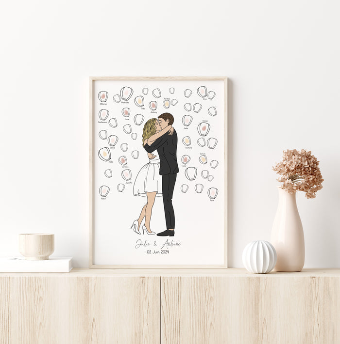 arbre à empreintes mariage avec illustration mariée robe courte et lanternes Précieuse Papeterie